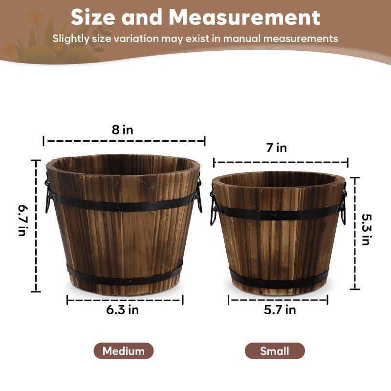 HAKKART Wooden Barrel Planters, 8 inch 7 inch Plant Pot with Drainage Holes for Indoor Plants Decor, Set of 2 - Image 2